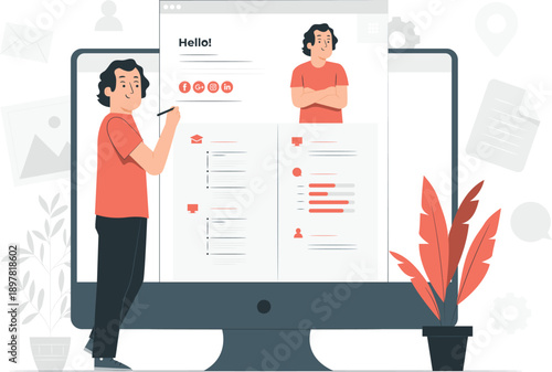 Woman creating digital profile on computer screen with graphic design elements and potted plant nearby in modern workspace