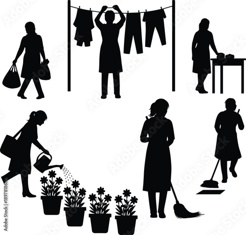 Woman doing household chores silhouette collection illustration, daily domestic activities cleaning gardening laundry isolated on white background lifestyle concept