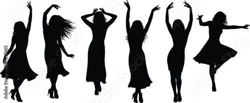 Silhouette set of dancing women in elegant poses expressing freedom movement grace and feminine energy concept