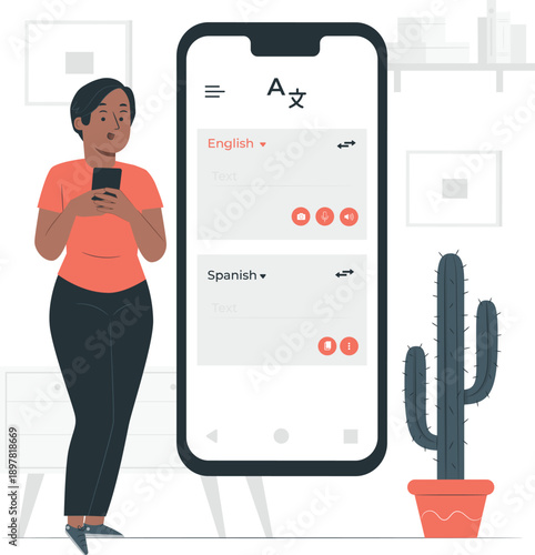 A woman using a mobile phone with a language translation app open, standing next to a cactus plant