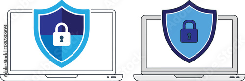 Laptop screens displaying shields with padlocks symbolizing data security and privacy