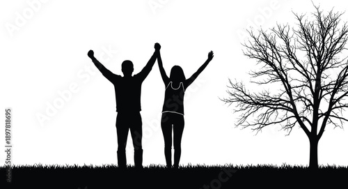 Happy couple silhouette holding hands with raised arms in nature landscape, success freedom joy outdoor park vector illustration.
