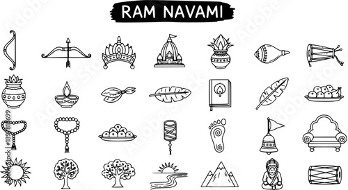 Ram Navami Hindu Festival Black and White Line Art Icon Set. Hand-drawn Doodle Symbols for Cultural Celebrations, Religion, and Lord Rama.