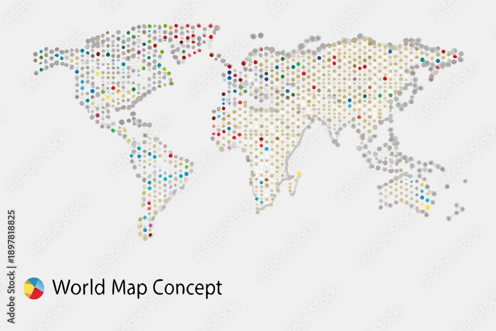 Obraz premium A colorful world map constructed from numerous small scattered dots