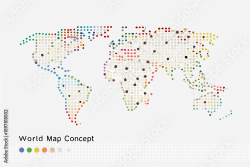 Abstract world map composed of colorful dots against a white background