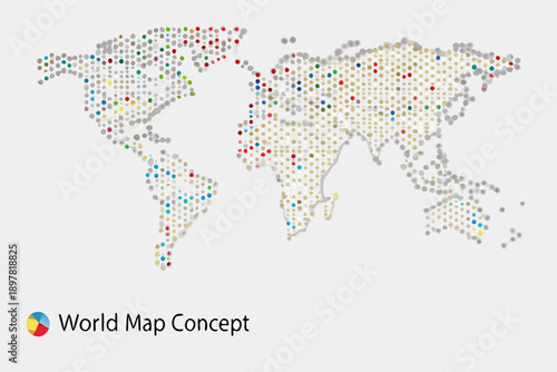 A colorful world map constructed from numerous small scattered dots