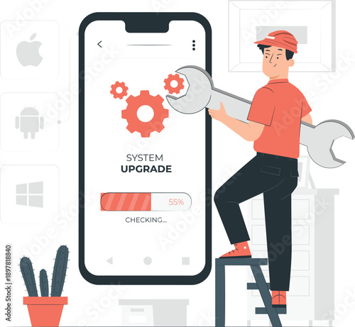 Technician upgrading mobile device on ladder with large wrench and smartphone screen showing system update progress