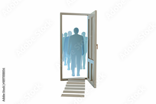 An open doorway reveals a group of translucent figures standing within