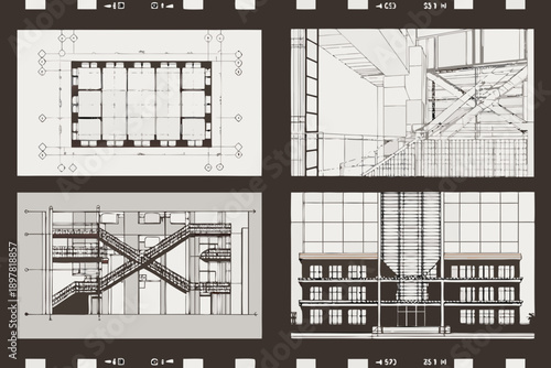 Architectural blueprints and sketches of a building s facade and staircase