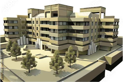 Architectural rendering of a modern multi level building with a surrounding landscape