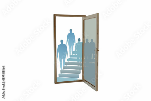 An open doorway reveals a staircase and silhouetted figures within