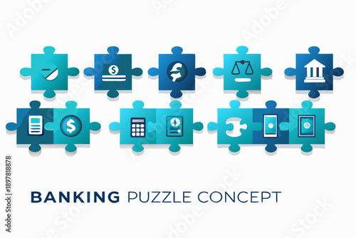Banking and financial puzzle pieces illustrating economic concepts and services