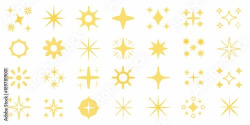 Collection of bright yellow starbursts sparkles and shining star shapes