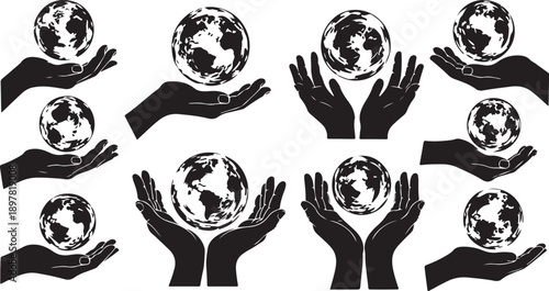 Hands holding the Earth globe in various positions illustration