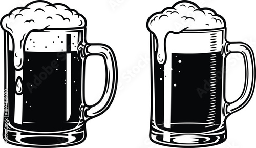 Two frothy mugs of dark beer with overflowing foam on a flat surface isolated on white background