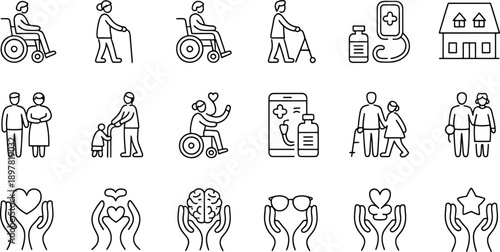 Illustrations of elderly care and support icons