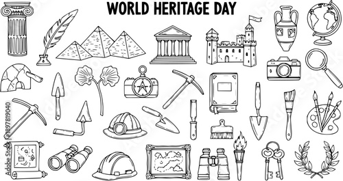 World Heritage Day Black and White Line Art Icons: History, Archaeology, Culture, and Exploration