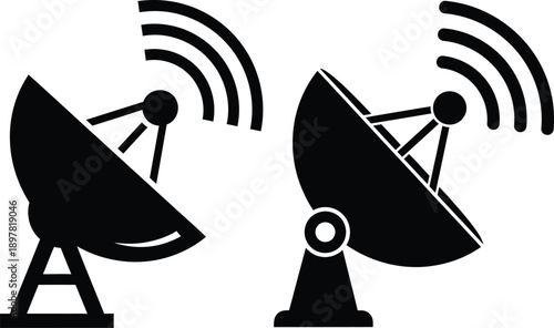 Two satellite dishes with different designs and signal waves depicted in black and white
