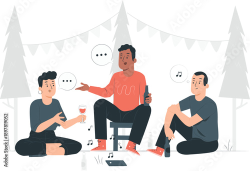 Three friends enjoying music and drinks together in a serene outdoor setting