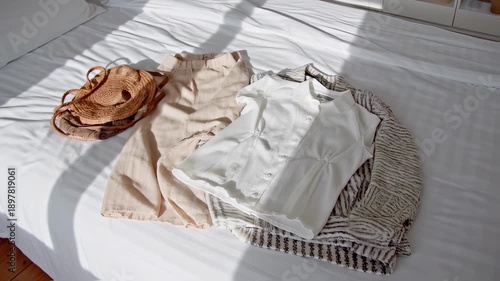 Neatly Folded Clothes and Bag on a White Bedspread in Sunlight.