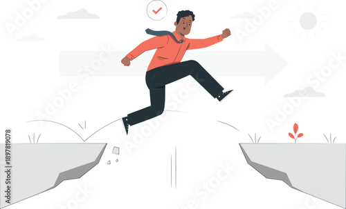 Man leaping across a chasm, symbolizing bold career progression and overcoming obstacles with confidence and determination in a challenging environment from a dynamic viewpoint