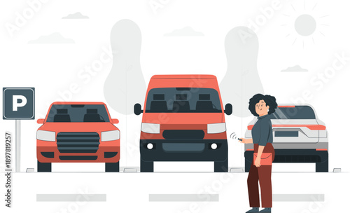 A woman stands beside a parking sign between a car and a van in a parking lot illustration