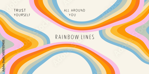Colorful rainbow arcs with inspirational text about self trust and positivity