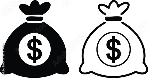 Monochrome Currency Sack Graphics for Financial Branding, Stylized Wealth and Profit Vector Illustration Set, vector, illustration, silhouette.