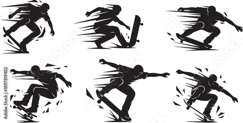 Silhouette of skateboarder in motion on white background vector