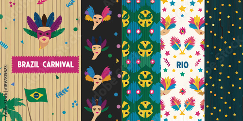 Colorful carnival mask patterns with brazilian flag and tropical elements