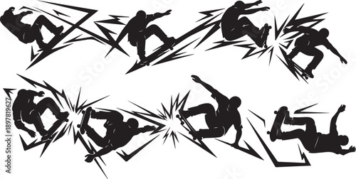 Silhouette of people falling down in various dynamic poses