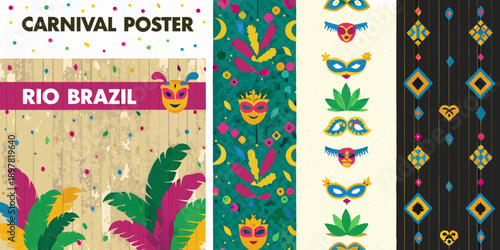 Colorful carnival poster design featuring masks feathers and tropical foliage