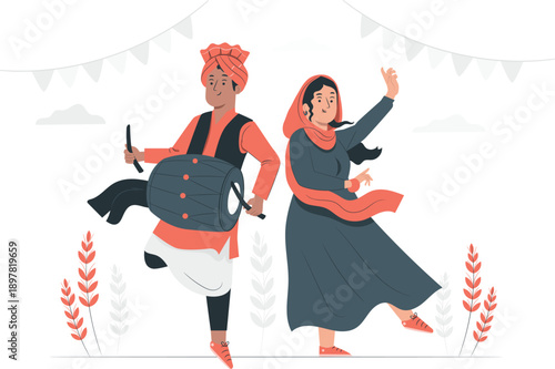 Traditional folk dance performance by couple in vibrant attire at cultural festival outdoors