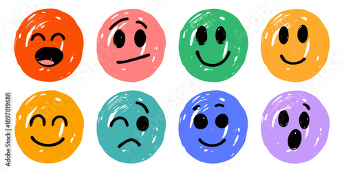 Colorful hand drawn eggs with various expressive faces arranged in a grid