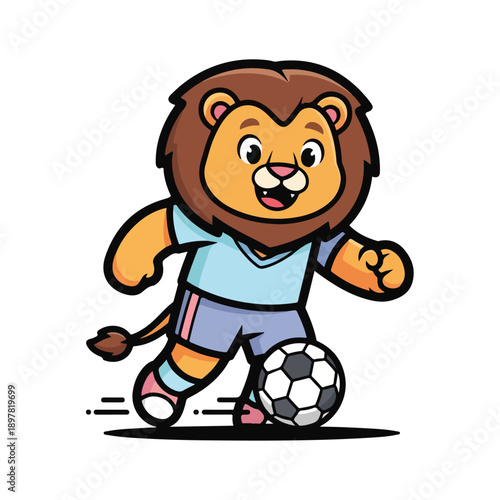 A lion in a blue uniform kicking a soccer ball