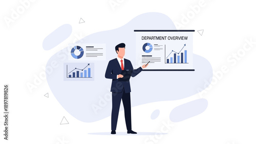 Businessman presenting department overview with charts on whiteboard