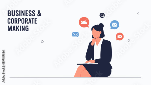 Businesswoman thinking with communication icons, corporate strategy, modern vector illustration