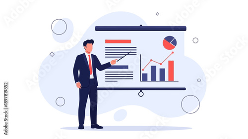 Businessman presenting financial report with charts and graphs on screen