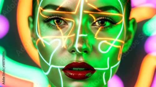 Futuristic Woman Face Illuminated by Neon Lights Abstract Art.