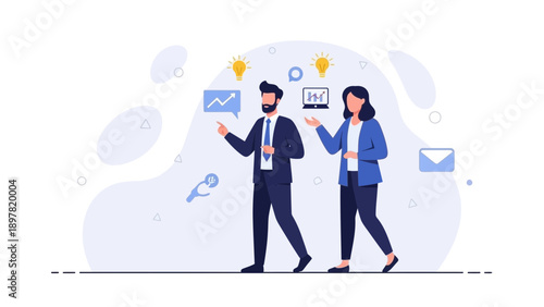 Business team discussing ideas, planning, and strategy with infographics and lightbulbs