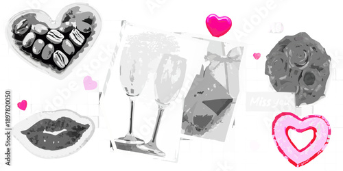 Romantic collage featuring hearts lips champagne and chocolate sweets