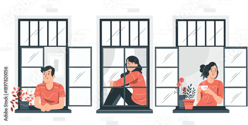 Illustration of people relaxing in different poses near large windows in a modern minimalist interior viewed from the side