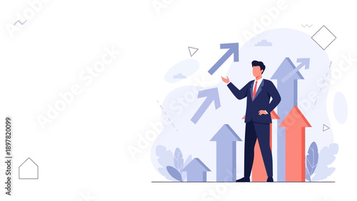 Businessman achieving success with upward growth arrows illustration