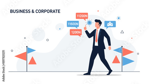 Businessman choosing target numbers from speech bubbles with flags