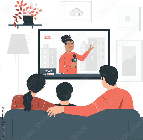 Family watching news broadcast on television together in a cozy living room setting