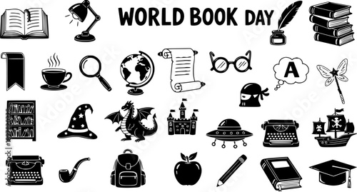 World Book Day Icons: Black  White Line Art Set - Books, Education, Reading, Fantasy, Technology