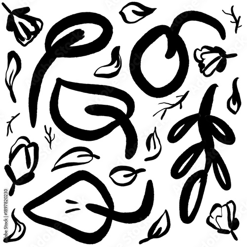 Hand drawn flying leave abstract seamless line art pattern.