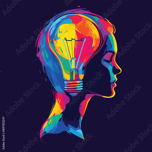 Bright concept of creativity with a colorful light bulb in a head silhouette on a vivid background , vector style simple color