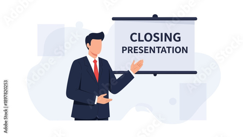 Businessman Presenting Closing Statement on Whiteboard