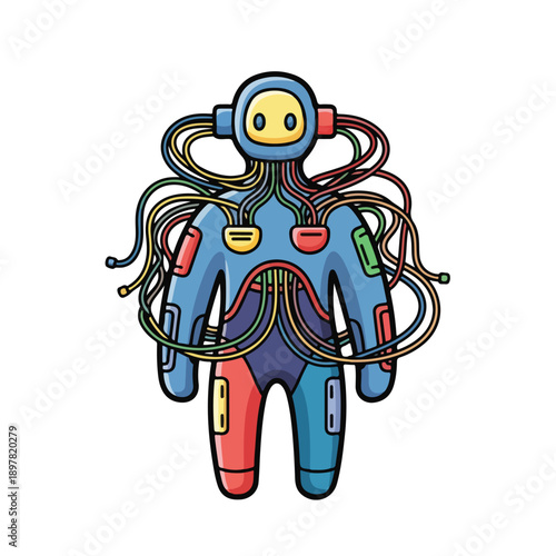 A humanoid figure with a helmet and colorful wires